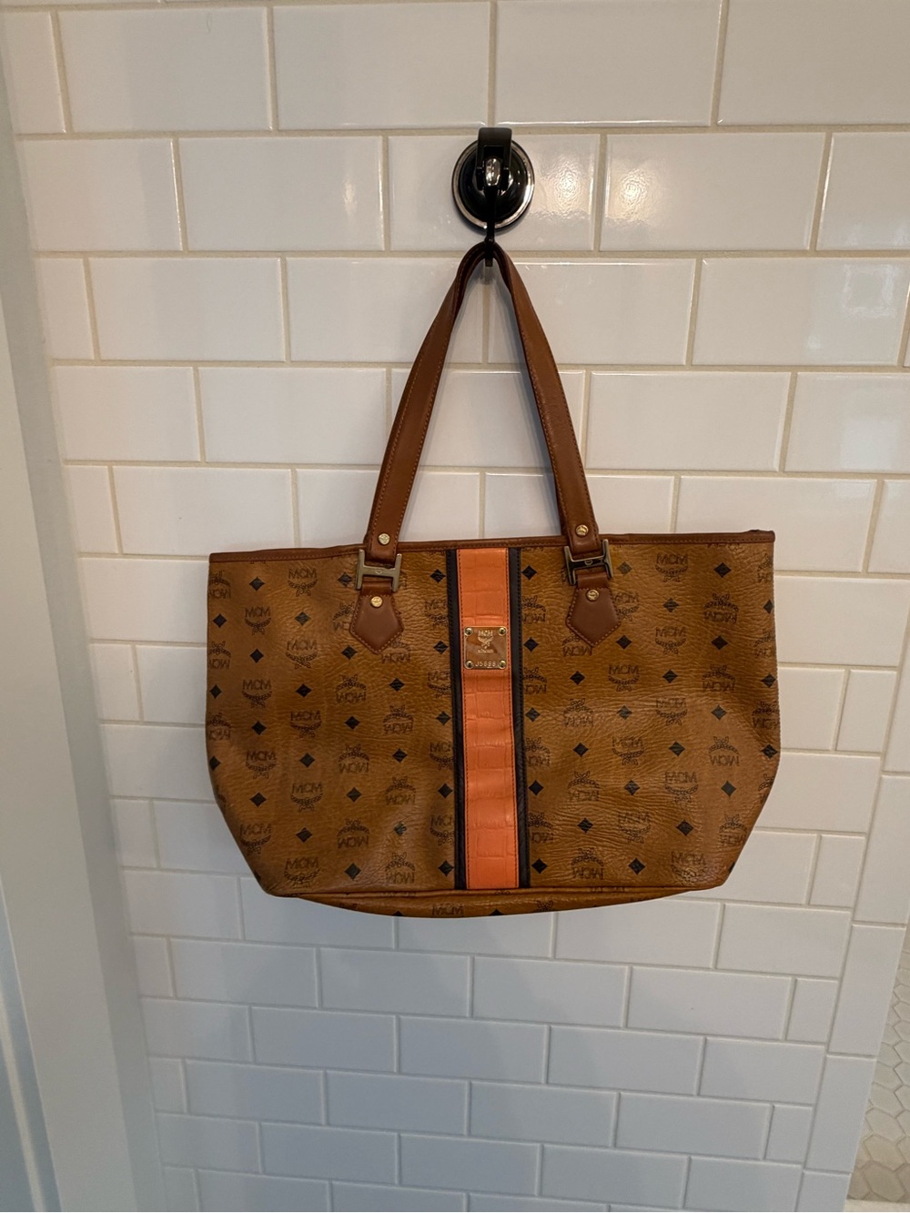 MCM Cognac Logo Tote with Orange Center Stripe
